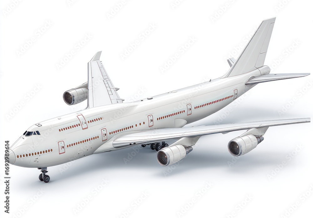 Obraz premium White commercial airplane with four engines angled on white background, with shadow below and red accents