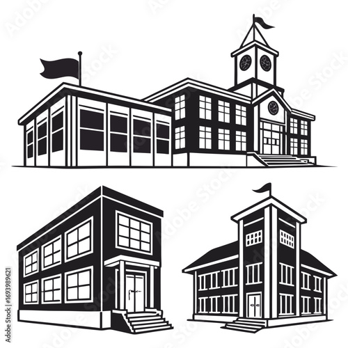 Four black and white school building silhouettes architecture education