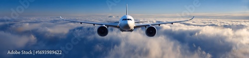 A white passenger jet flies head-on above a blanket of fluffy clouds against a blue sky at dusk, displaying its full wingspan