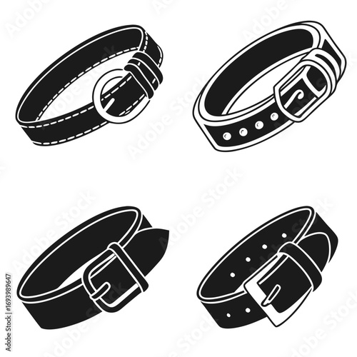 Four black belt and buckle icons fashion accessory