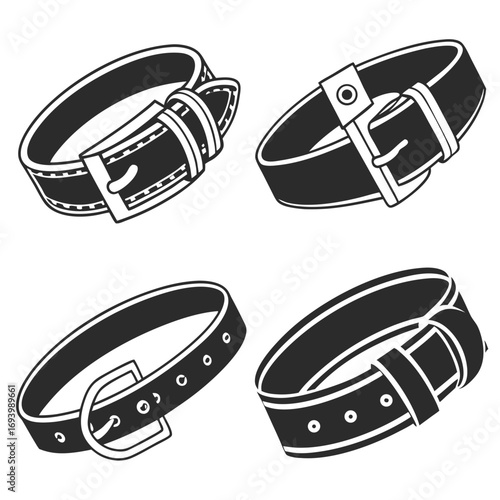 Four black belt and buckle icons silhouette accessory