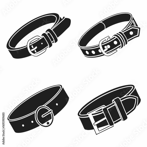 Four black belt and buckle silhouettes fashion accessory