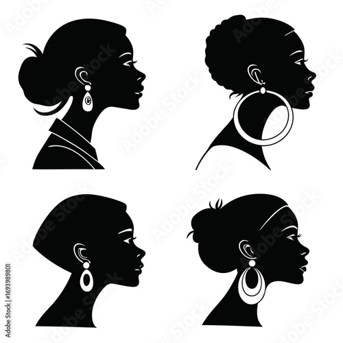 Four black female profile silhouettes diverse hairstyles earrings white