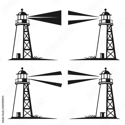 Four black lighthouse silhouettes with light beams black and white graphic