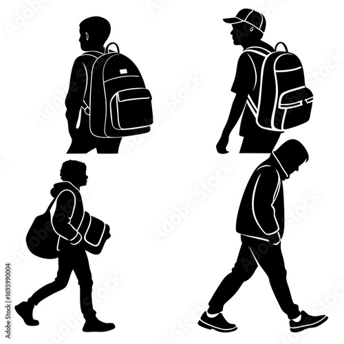 Four black silhouettes of people carrying bags backpacks school bags
