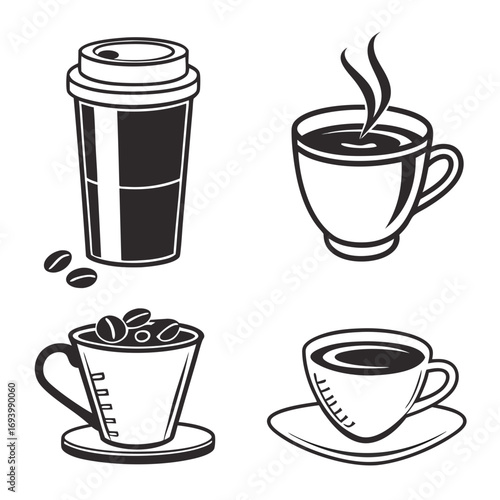 Four coffee cup styles black and white takeaway cup coffee beans