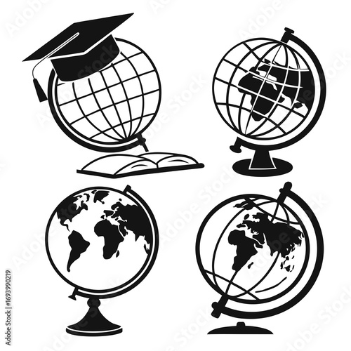 Four globe and graduation cap silhouettes education book
