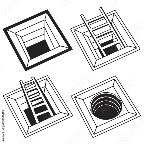 Four square hatches with ladders and circular opening attic hatch