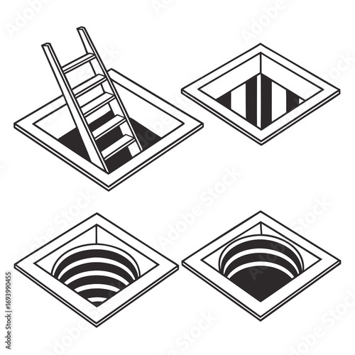 Four square openings with internal structures and ladder hatch stairs