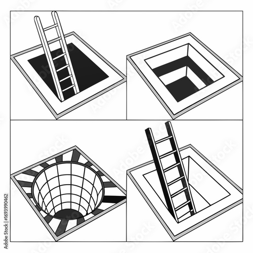 Four square openings with ladders and optical illusions hole