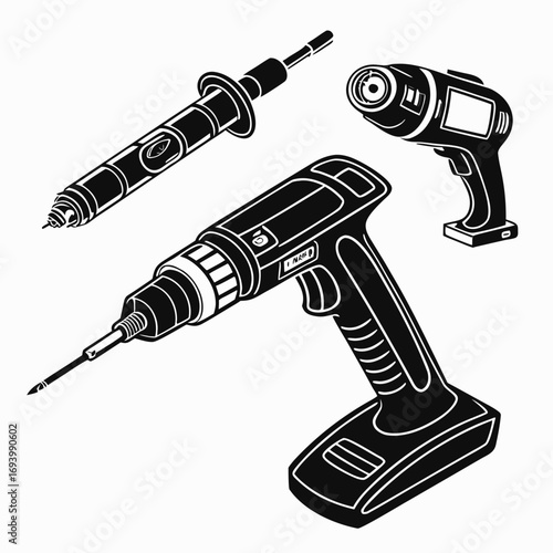 Futuristic laboratory tools drill soldering iron heat gun silhouettes lab tools