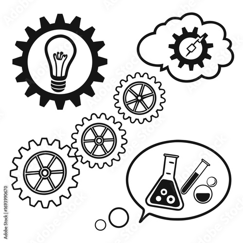 Gears lightbulb and science flasks thought bubbles cogwheels idea