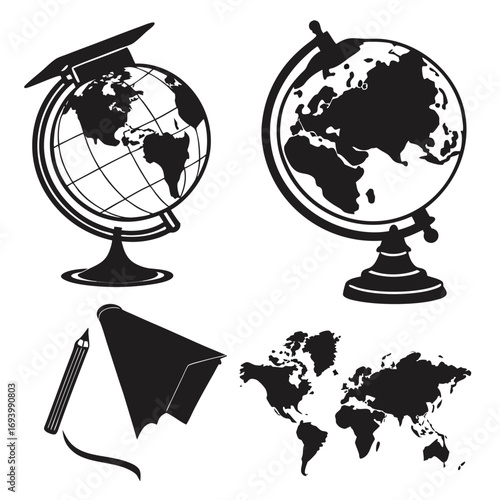 Globes maps graduation cap pencil paper airplane silhouettes education