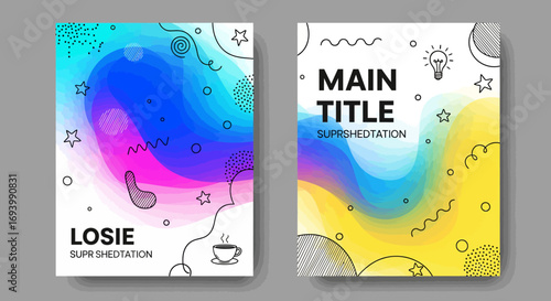Two abstract graphic design covers with colorful fluid shapes and doodle elements, one with text 'LOSIE' and the other with 'MAIN TITLE'.