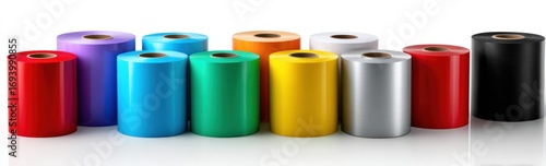 Collection of colorful plastic cylinders, rolled up, standing against a white backdrop with a glossy, reflective surface