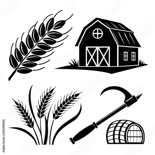 Harvest symbols barn wheat sickle grain storage vector