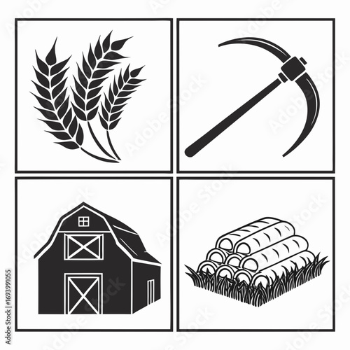 Harvest symbols wheat sickle barn hay bales wheat stalks sickle tool