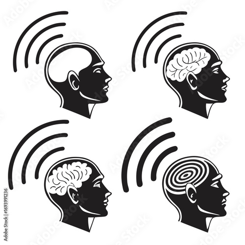 Human head profiles radiating signals silhouette brain