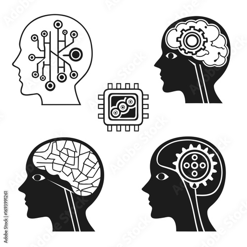 Human head silhouettes with technological brain elements artificial intelligence