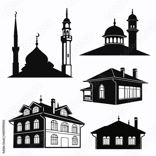 Islamic mosque and residential building silhouettes minaret dome