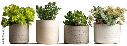 Four small potted plants in neutral-toned ceramic pots against a clean white background in a studio setup