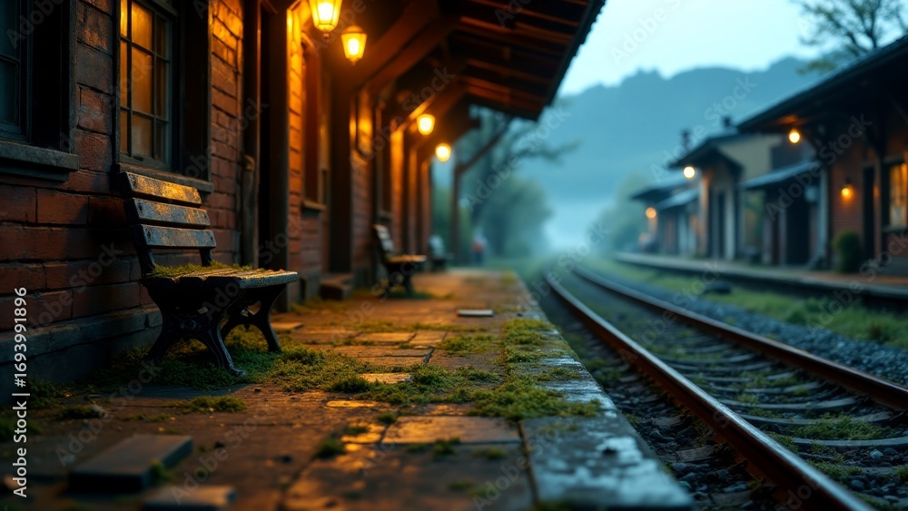 Obraz premium A tranquil dawn at the deserted train station with glowing lamps shining warmly
