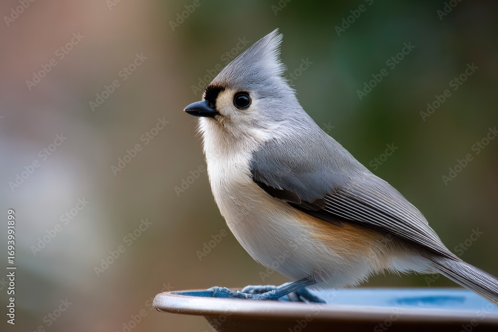 Obraz premium A gray Tufted Titmouse perches on a bluerimmed brown birdbath blurred foliage in background