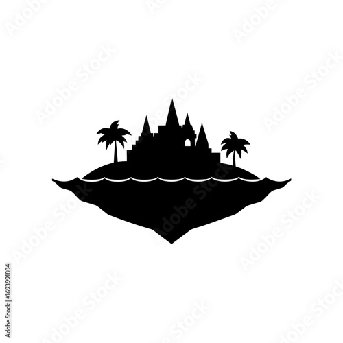 Island castle silhouette scene on transparent background