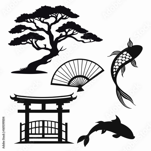 Japanese ink style silhouettes of bonsai tree torii gate fan and koi fish vector