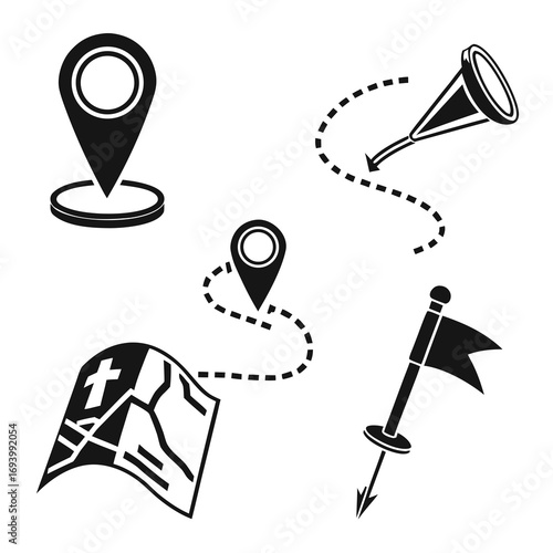Location map pin flag route and telescope icons location marker navigation