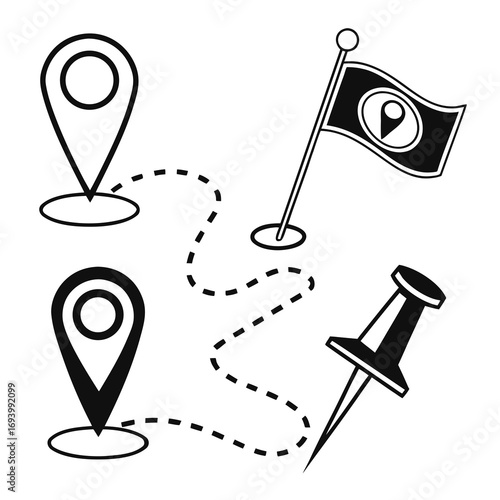 Location markers flag and pin with dashed line location pin map marker