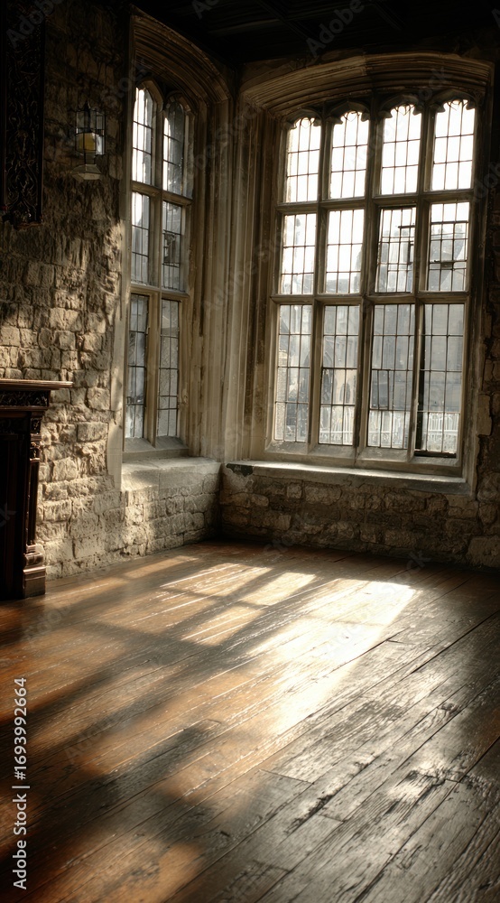 Fototapeta premium Sunlight streams through gothic windows, illuminating an empty room with wooden floors and stone walls