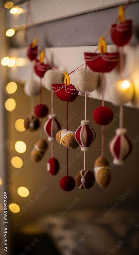 Obraz premium Festive Diwali garland with diyas, lanterns, and acorns hanging from a shelf.