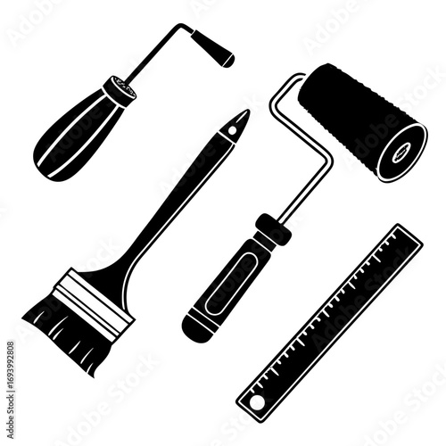 Paint brush roller scraper and ruler silhouettes vector