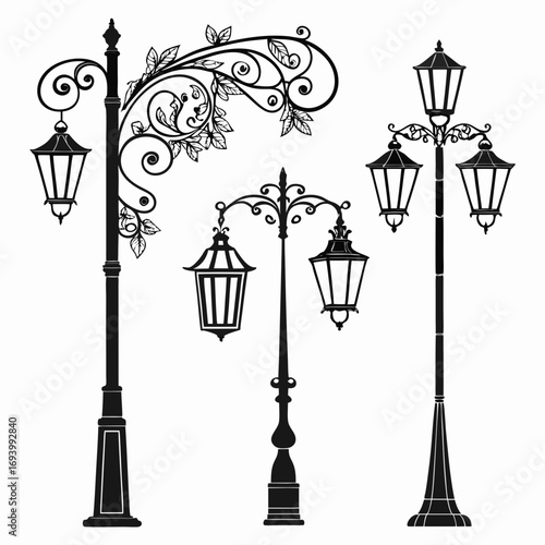 Ornate street lamps with decorative floral elements lanterns silhouettes