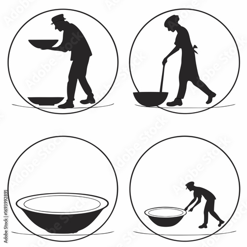 People serving food in bowls silhouette