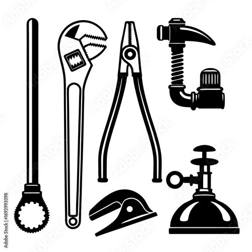 Plumbing tools pipe wrench pliers cutters torch vector