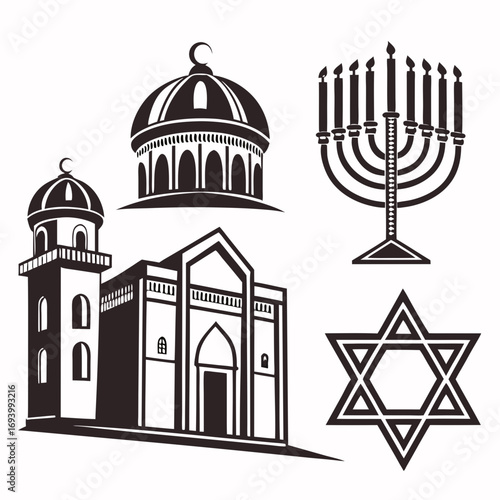 Religious buildings and symbols silhouette synagogue menorah