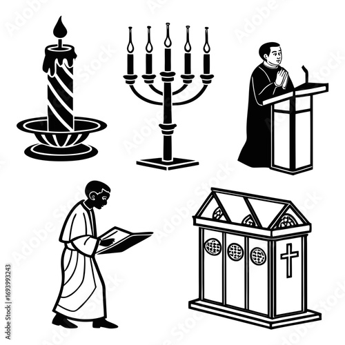 Religious icons candle menorah priest reading altar book
