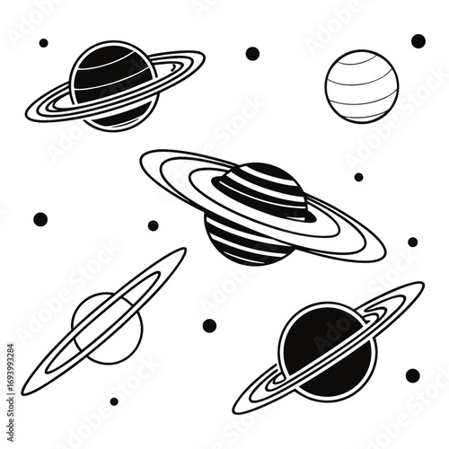 Ringed and striped celestial bodies in orbit planets rings