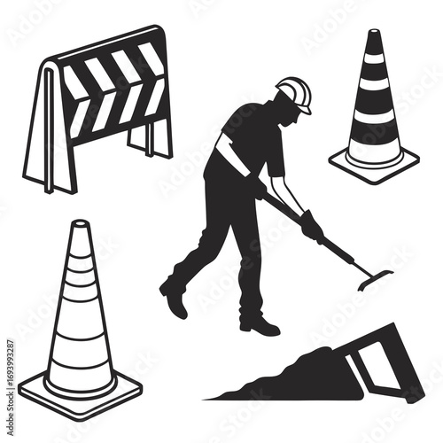 Roadwork icons worker barrier cones shovel dirt construction