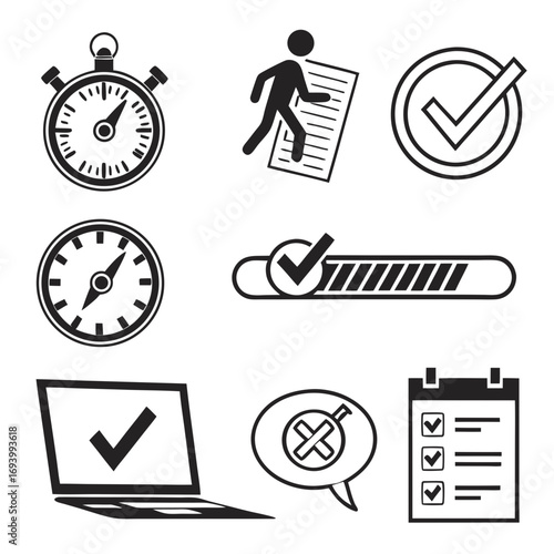Set of six black and white icons representing online exam elements timer stopwatch