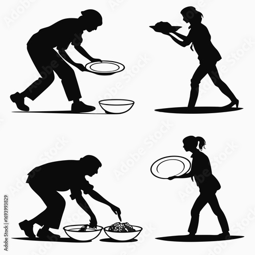 Silhouettes of people serving food in bowls and plates vector