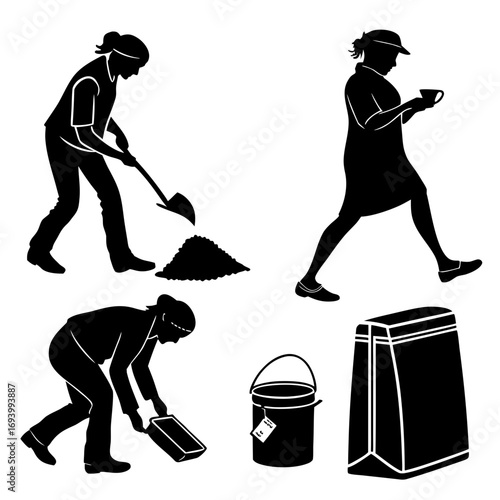 Silhouettes of people working and drinking digging shovel