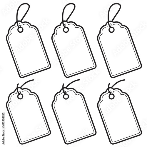 Six blank price tags with string loops label empty