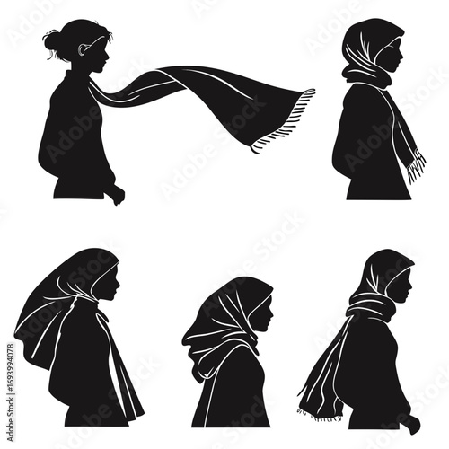 Six female silhouettes wearing scarves and hijabs woman scarf