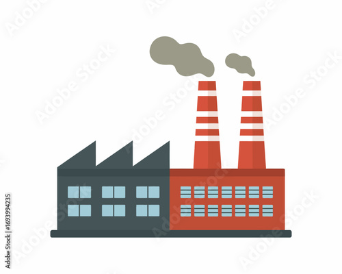 Flat Illustration of Industrial Factory Building with Smokestacks Emitting Pollution and Contributing to Global Warming Issues