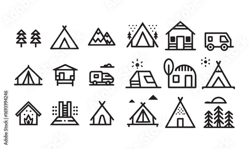 Glamping and Camping Elements Outdoor Icons, Tents, Cabins & Adventure