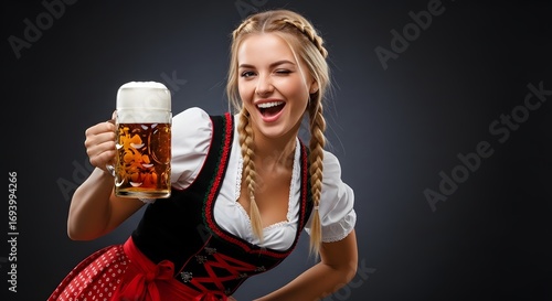 Joyful woman in traditional bavarian dress holding a large beer mug