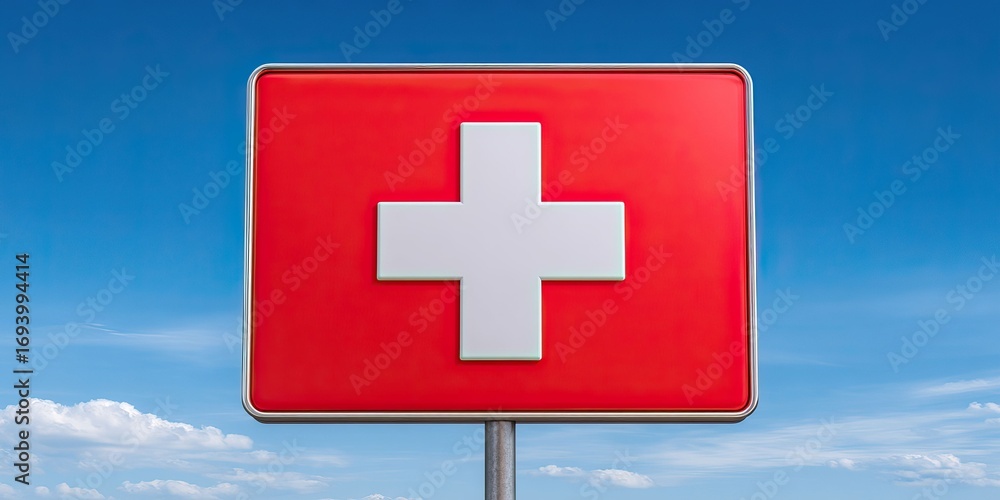 Obraz premium A red sign with a white cross against a bright blue sky backdrop